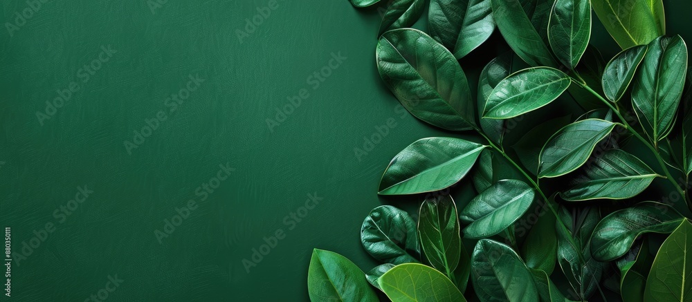 Aufkleber Top view of exotic Zamioculcas zamiifolia leaves on a green background creating a creative layout with copy space image