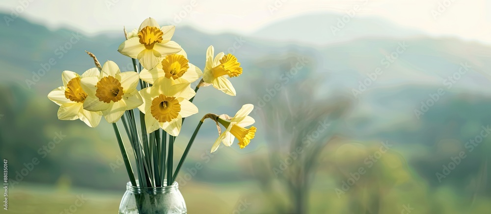 Aufkleber a colorful bouquet of seven yellow daffodils arranged in a vase alongside a serene landscape copy sp