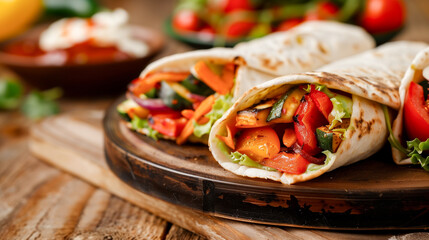 Healthy wraps with grilled vegetables and hummus,