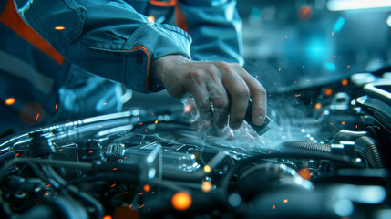 Professional Mechanic Cleaning Car Engine with Fuel System Solution in Organized Garage Setting | Detailed Automotive Maintenance Concept