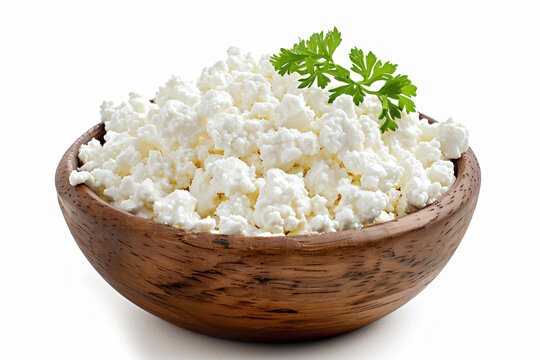 a wooden bowl filled with cottage cheese and a sprig of parsley