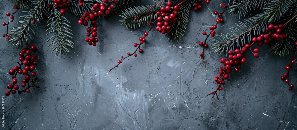 Poster Composition capturing the essence of the Christmas season with fir tree branches red berries against a gray backdrop Reflects Xmas winter and new year themes Top view with ample copy space image