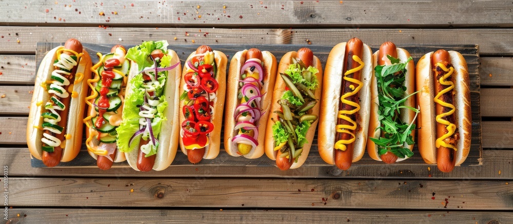 Poster a variety of hot dogs topped with veggies lettuce and sauces on a wooden surface top down view with 