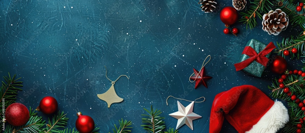Poster top down view of a christmas arrangement featuring a santa hat gift bauble star on a background with