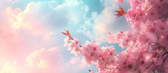 Cloudy day setting with Sakura cherry blossoms in spring ideal for a copy space image