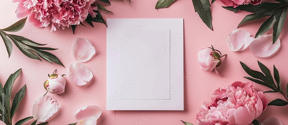 Aufkleber fresh peony flowers on a paper card mockup featuring a blank square invitation with copy space image
