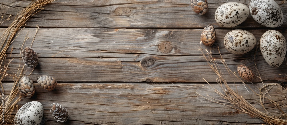 Fototapete Easter themed background with a rustic wooden texture featuring eggs and space for text or images. with copy space image. Place for adding text or design