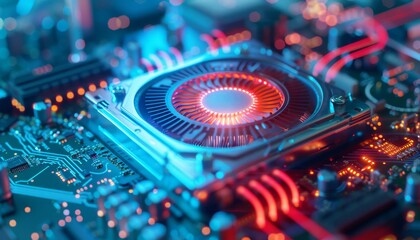 Fototapeta premium Efficient Cooling System: Close-up of CPU Fan & Heat Sink Technology in Office Environment