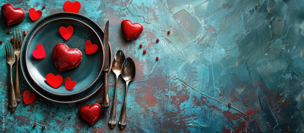 Aufkleber valentine s day table setting with red hearts on a blue grunge background ideal for a copy space ima