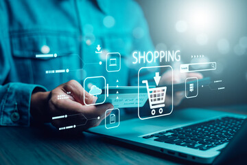 Businessman hold smartphone with online shopping concept, marketplace website with virtual interface of online Shopping cart part of the network, Online shopping business with selecting shopping cart.