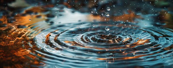 A photorealistic image of a single raindrop splashing into a puddle, creating a ripple effect that spreads outward.