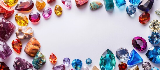 Round colorful gemstones creatively arranged on a white background with copy space image showcasing various colors and shapes in a circular layout