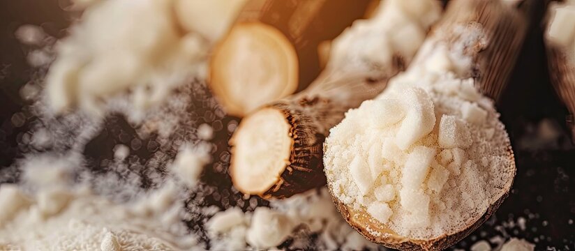 Close up unfocused photo of retro styled natural tapioca plant or cassava root starch with room for text or graphics copy space image