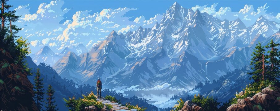 A pixel art representation of a pixelated hiker exploring a pixelated mountain trail, surrounded by pixelated nature's beauty and serenity.
