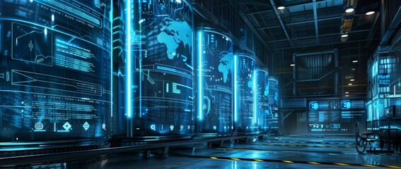 Fototapeta premium In the data warehouse of the future Digital graphs and charts display complex data analysis. Meanwhile, a large tank, symbolizing storage, stands in the background.