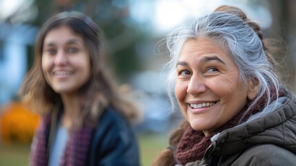 A joyful elderly woman with gray hair smiling outdoors with a young woman in the background on a cool day.