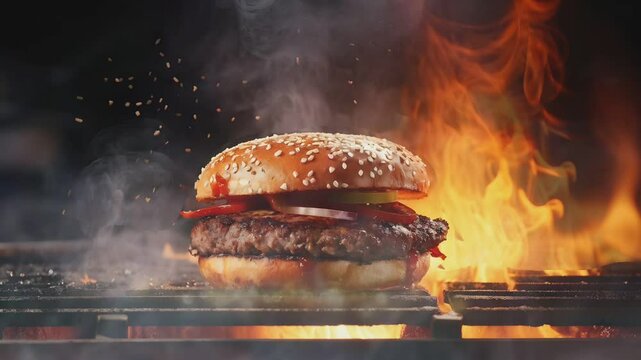 Cooking American fat smash burger on grill close-up. Beef or pork cutlet smashing by burger press.