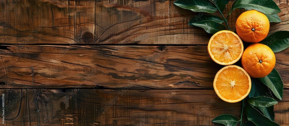 Sticker Orange fruit with leaves set on wood table in a copy space image