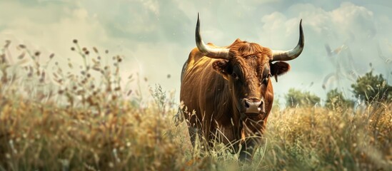 An image depicting a robust brown bull with powerful horns peacefully grazing in a meadow providing ample copy space