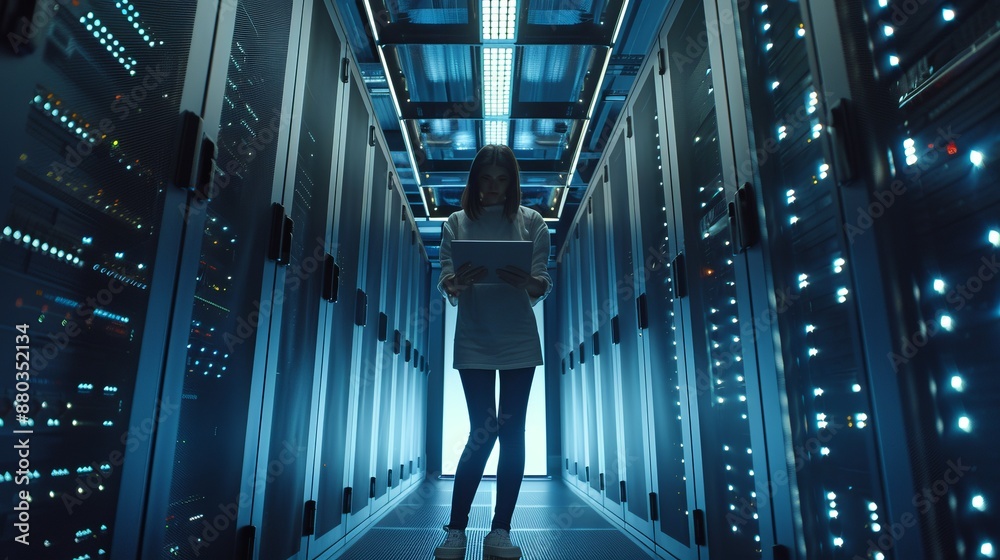 Poster young woman standing in modern server room with tablet computer checking data storage operations and