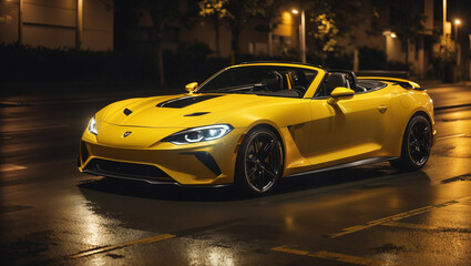 Fototapeta premium The image shows a bright yellow convertible sports car driving down a wet city street at night.