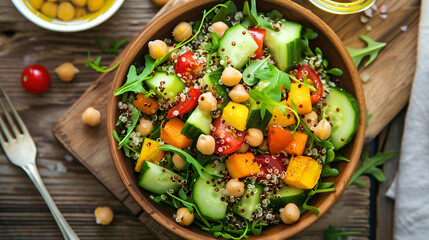 Quinoa salad with roasted vegetables and chickpeas on rustic table