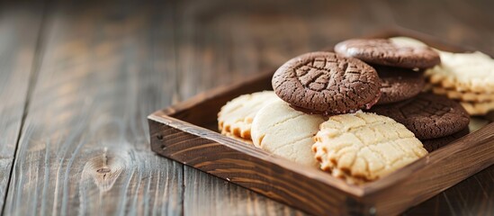 Tasty chocolate and vanilla cookies displayed on a wooden tray for breakfast with a copy space image