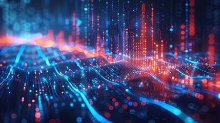 Obraz premium Abstract digital data visualization with futuristic neon lights and lines depicting technology, information flow, and analytics.