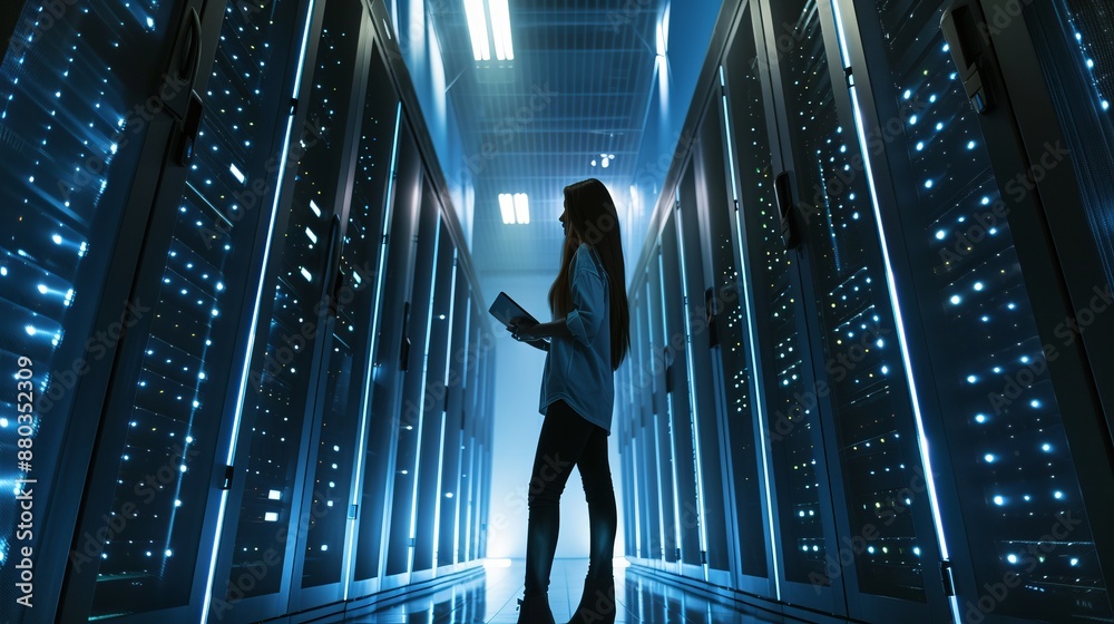 Poster young woman standing in modern server room with tablet computer checking data storage operations and
