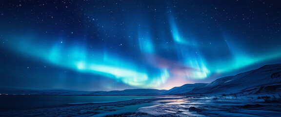 Majestic Sky with Aurora and Stars. Blue Northern Lights Banner with copy-space. 