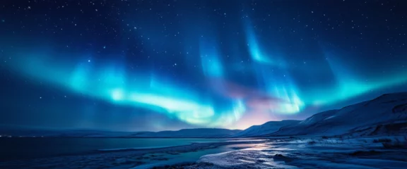 Fototapete Rund Majestic Sky with Aurora and Stars. Blue Northern Lights Banner with copy-space.  © Anna