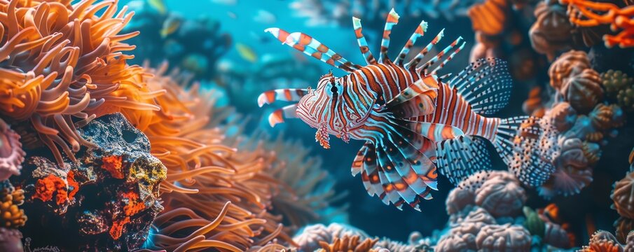 Vibrant lionfish hiding among coral crevices, 4K hyperrealistic photo
