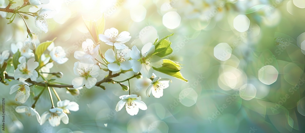 Wall mural sunny day showcases a branch of flowering cherry tree with small white flowers creating a spring bac
