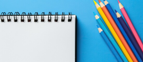 A blue background showcasing a notepad and colorful pencils from above suitable for various uses like business homeschooling or drawing with space for additional imagery