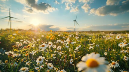 Beautiful meadow with daisies at sunrise, wind turbines in the background, renewable energy and nature concept