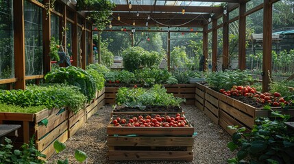 Beautiful vegetable garden with various plants in wooden raised beds under a greenhouse structure with natural sunlight.