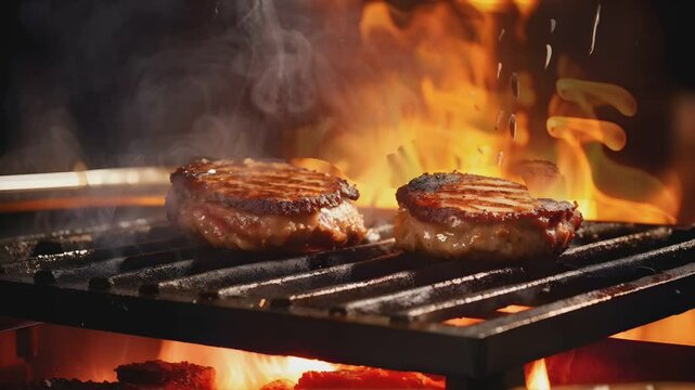 Cooking American fat smash burger on grill close-up. Beef or pork cutlet smashing by burger press.