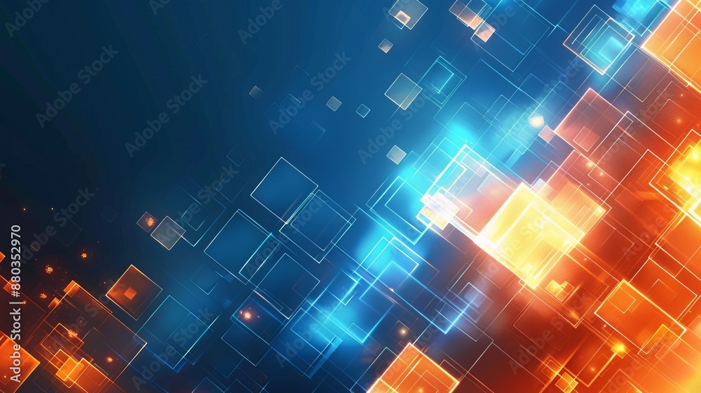 Wall mural abstract blue and orange technology background with geometric squares - vibrant digital design for t