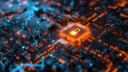 Fototapeta premium Circuit board with glowing orange padlock icon symbolizing cybersecurity, data protection, and technology innovation.