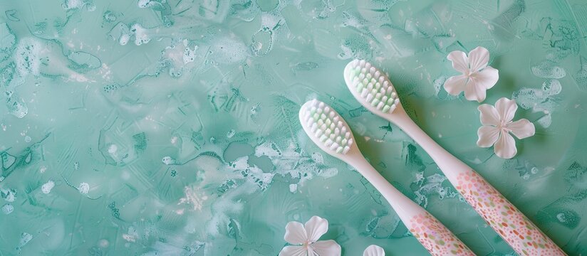 A pair of delicate toothbrushes with pink floral patterns on a mint herb themed green textured backdrop symbolizing dental care and spring wellness creating a healthy couple concept in a copy space im