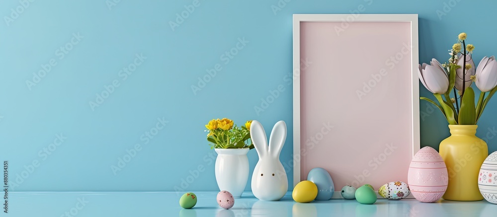 Canvas Prints Easter themed setup featuring a blank photo frame against a blue backdrop ideal for adding your own image. Copy space image. Place for adding text and design