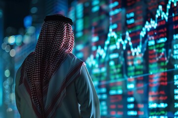 Saudi Gulf Arab man wearing a traditional white thobe and red shemagh standing in front of a graph of economic growth 3d hologram background.