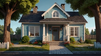 Cozy Cottage-Style House Front View: Create a front view of a cozy cottage-style house. The house should have a light blue