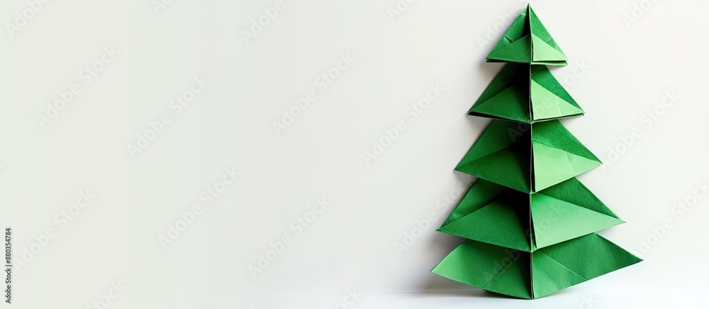 Wall mural a green craft paper christmas tree in origami style on a white background with ample copy space imag