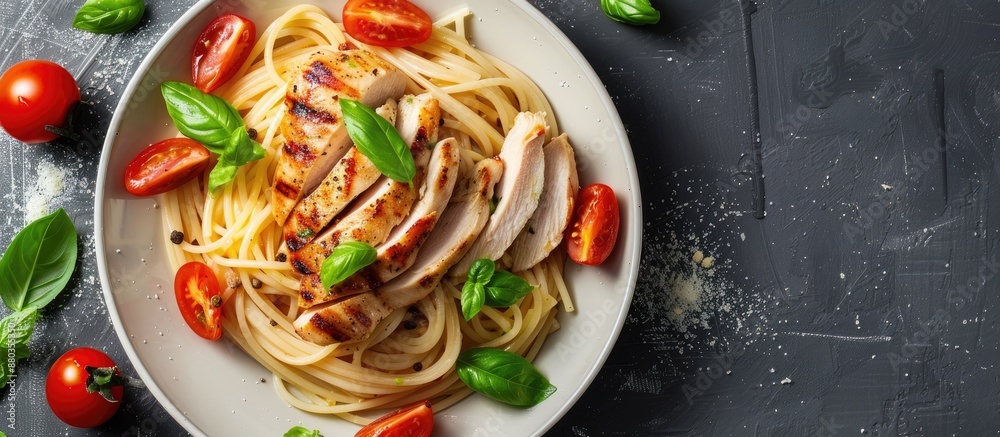 Canvas Prints A plate of fresh chicken breast spaghetti typical of Italian cuisine presented in a visually appealing manner with a background suitable for adding text or other elements a copy space image