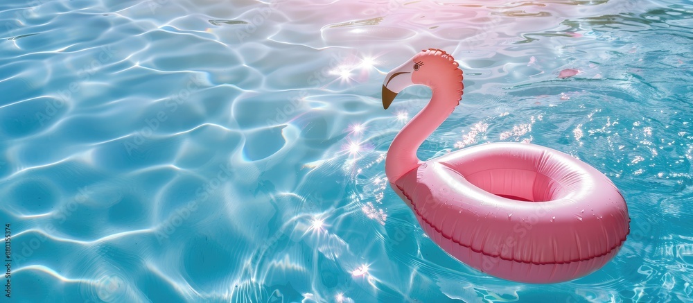 Sticker Inflatable pink flamingo toy floating in an outdoor swimming pool on a sunny day with copy space image