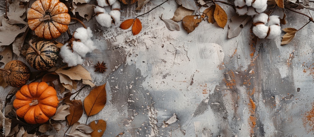 Wall mural autumn themed flat lay composition with dry leaves pumpkins and cotton on a rustic background creati