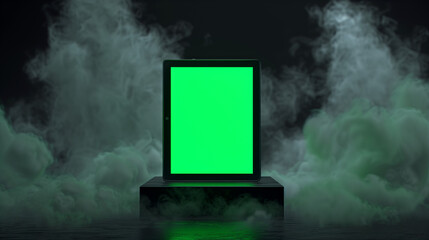 mockup 3D smart tablet with blank green screen standing on podium, black background with light smoke, Ai generated Images