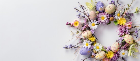 Decorative Easter wreath with lovely spring flowers on a blank background ideal for copy space image