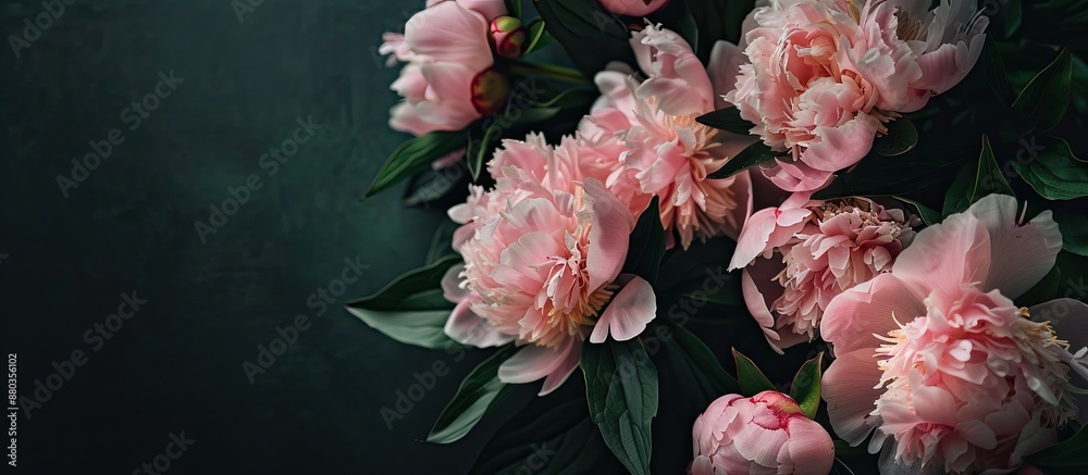 Wall mural Elegant greeting card featuring a beautiful bouquet of peonies with ample copy space image